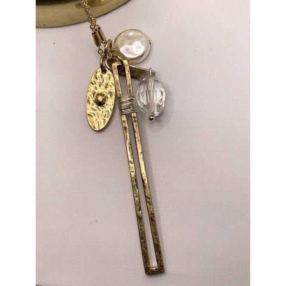 NWT Long Gold Chain Charm necklace - Mixed Metal, Gold Bar, Pearl - Picture 3 of 5